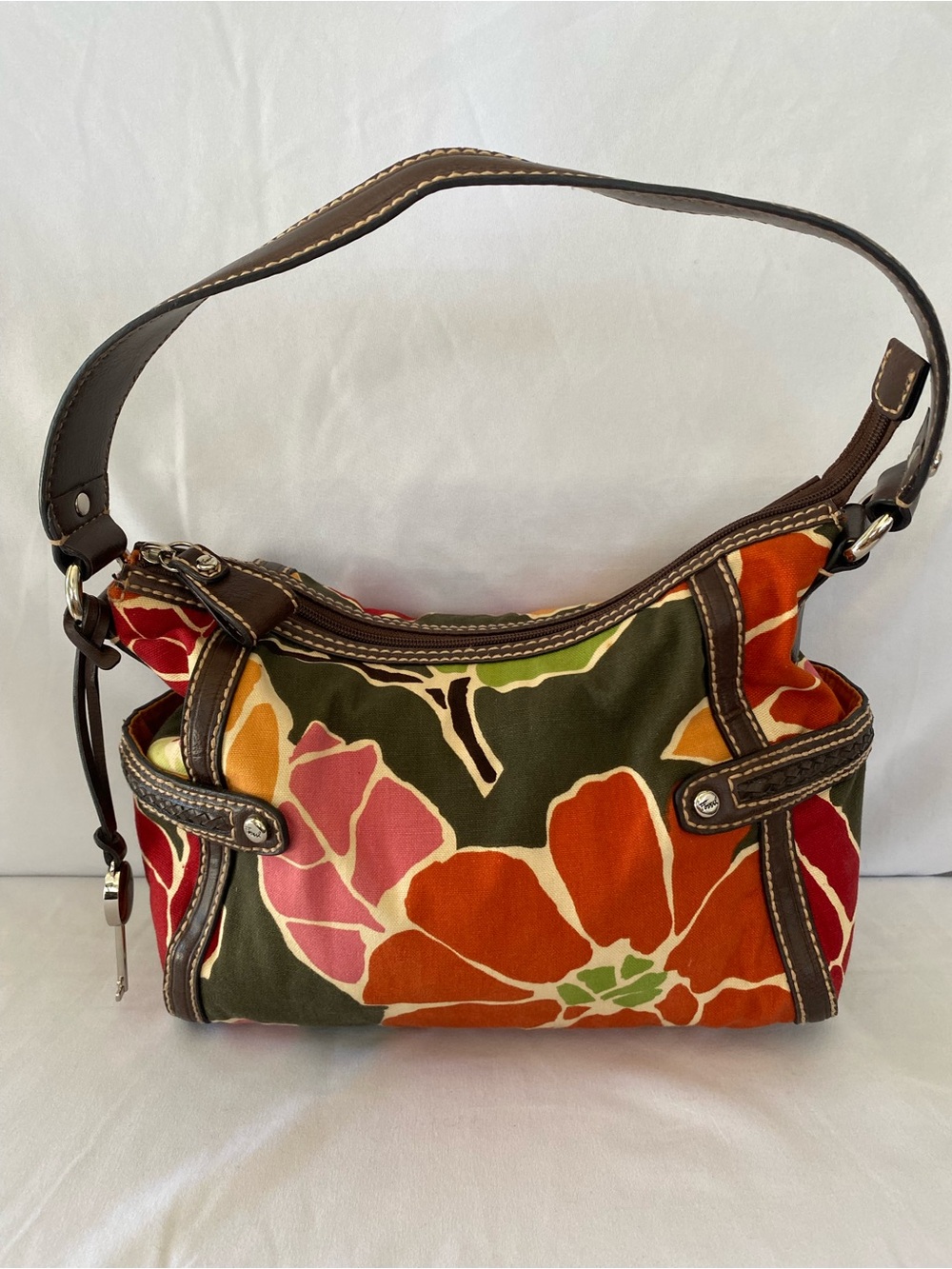 Fossil Multi Floral Canvas Shoulder Bag with Brown Trim
